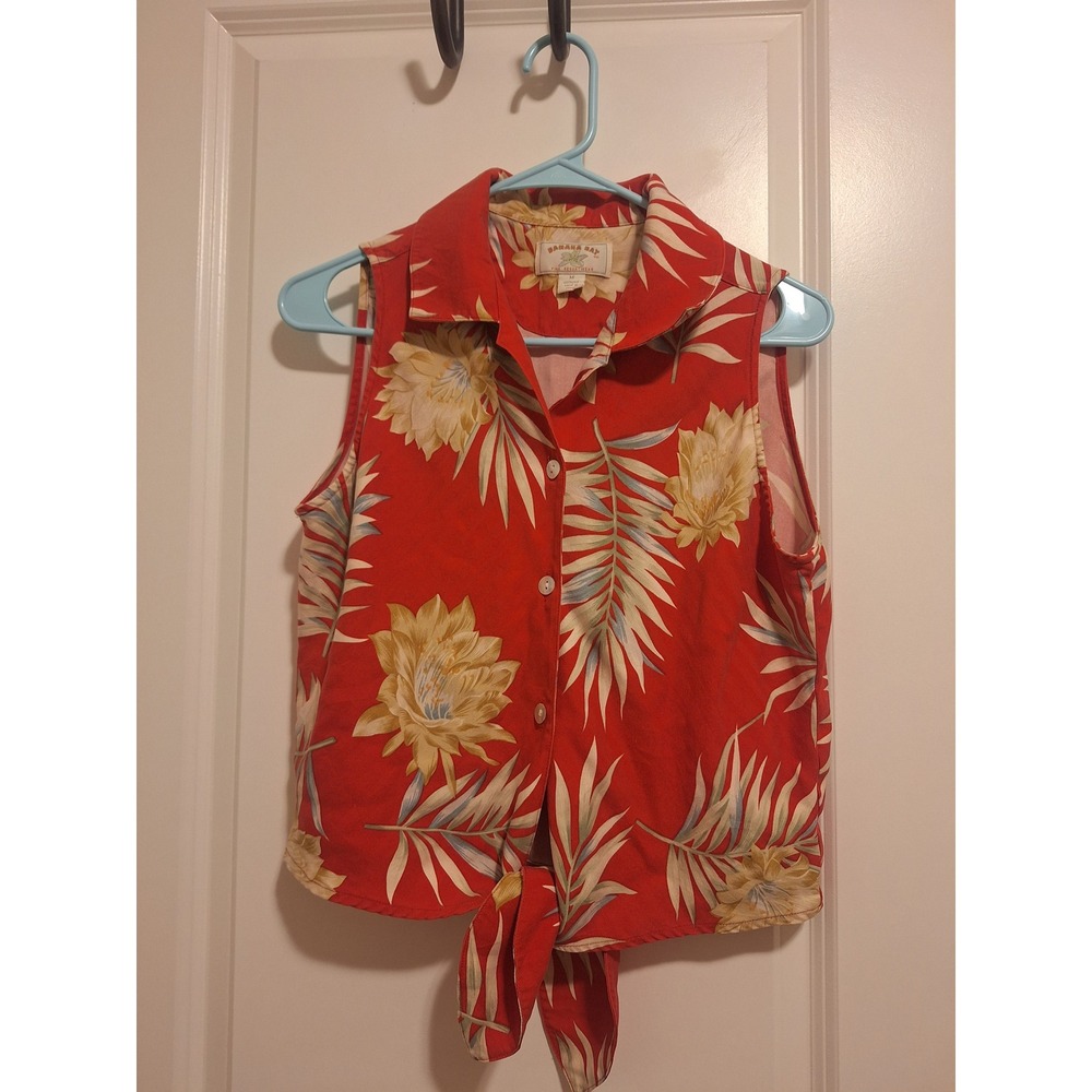 Banana Bay‎ Womens Red 100% Silk Tropical Floral Sleeveless Resort Top Medium